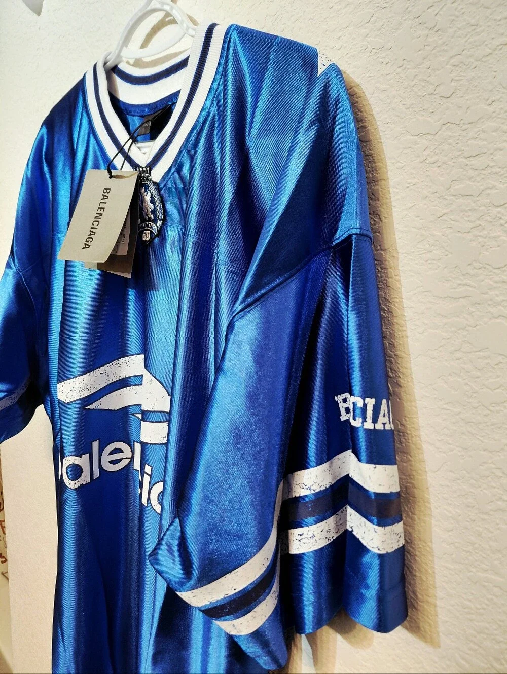 Authentic Balenciaga 3B Blue Logo Athletic Shiny Jersey with White Trim Large - Picture 3 of 10
